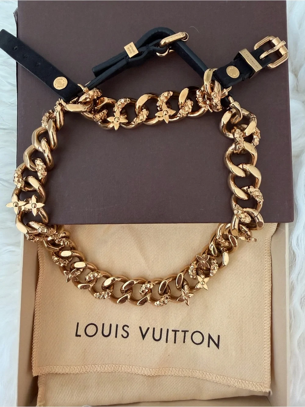 Louis Vuitton Gold Chain-Link Necklace and Bracelt with Black Leather Ends